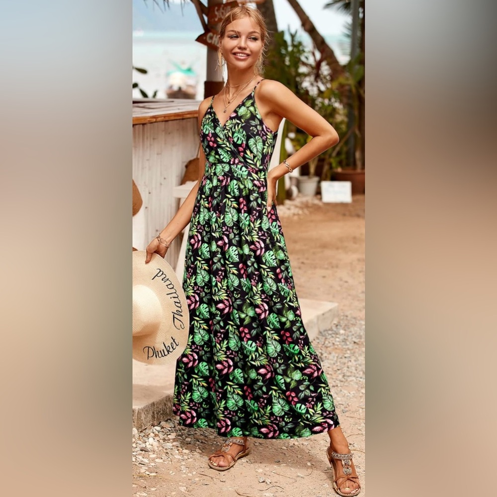 Womens V Neck Wrap Spaghetti Strap Summer Casual Beach Floral Pockets Maxi Dress